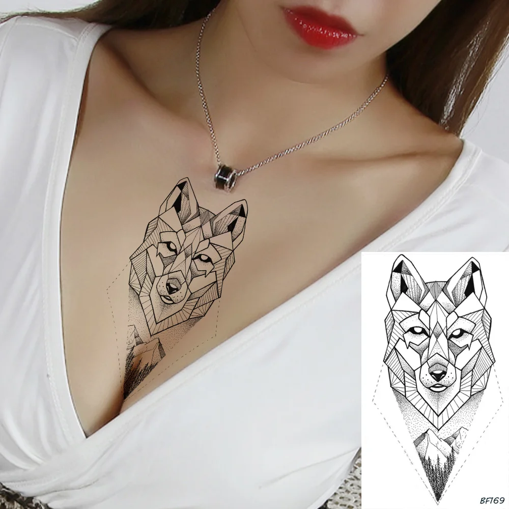 

Waterproof Fake Women Chest Geometric Fox Tattoos Stickers Men Wrist Hill Body Art Tatoo Temporary Women Arm Wolf Tattoo Custom
