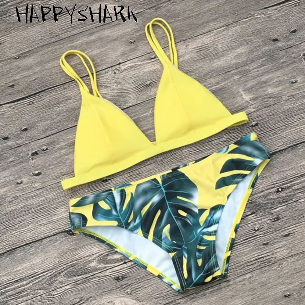 HAPPYSHARK 2018 Women Bikinis Set Palm Leaves Printed Bottom Swimwear Brazilian Biquinis Solid Top 2 Pcs Swimsuit Red Blue Orang |