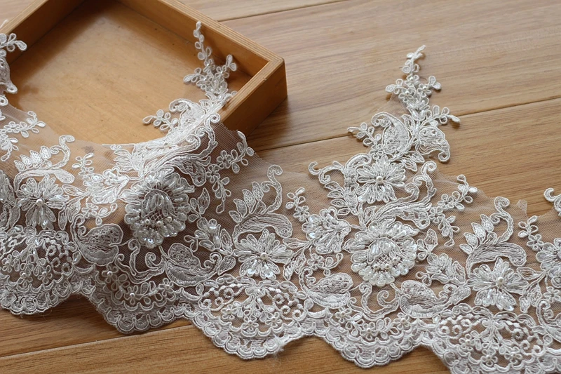 Ivory Alencon Lace Trim High Quality Hand Made Beaded Sequined Wedding Embroidered Retro Bridal 10.6'' Wide 1yard | Дом и сад