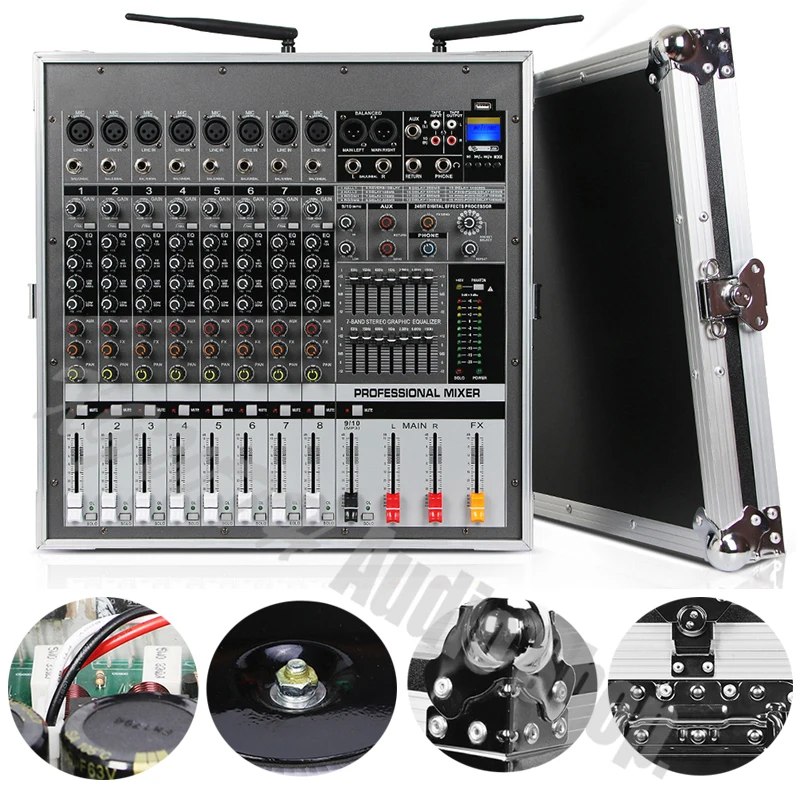 저렴한 1000W + 1000W 앰프 믹서 전문 DJ 8 채널 믹서 콘솔 무대 성능 에어 박스 무선 다이나믹 마이크, 무대 공연 마이크 앰프