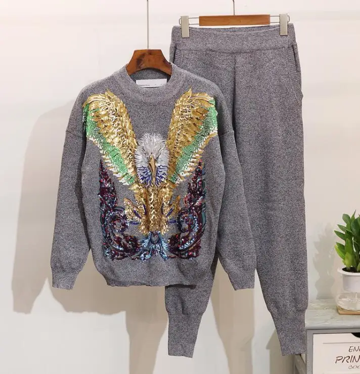 Autumn Knitwear Two Pieces Set Womans Two-piece Suit Sequins Eagle Sweater + Casual Trousers Ladies Knitting Pants Femme |