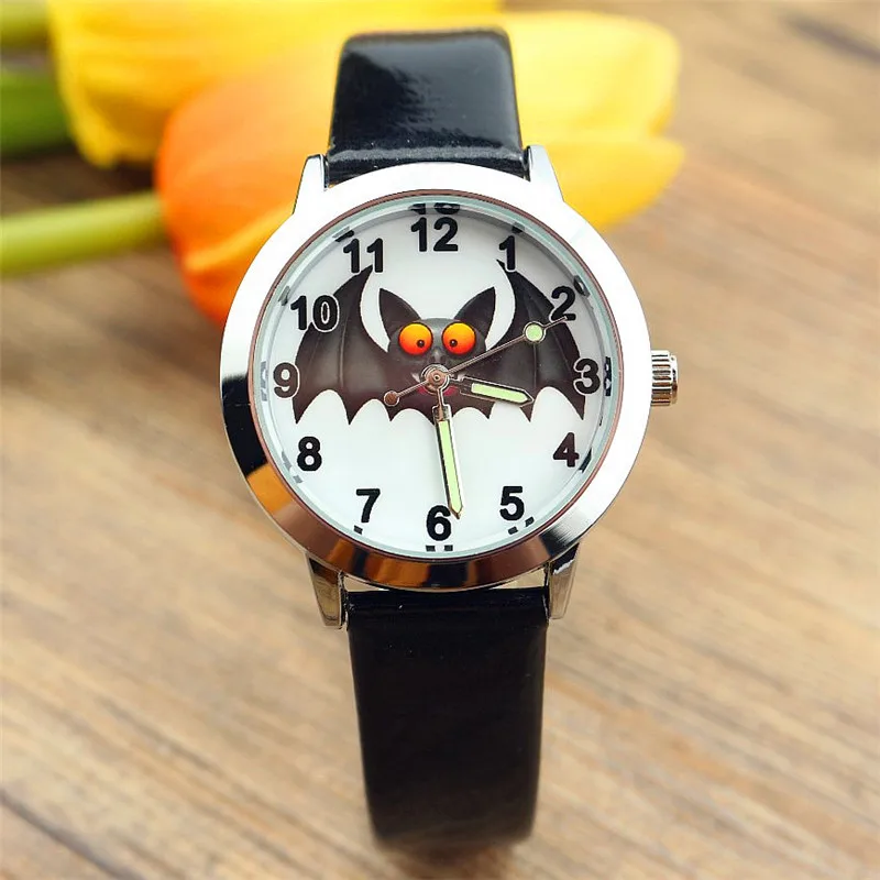 

Nazeyt new Halloween vampier dial children quartz watch little boys and girls bloodsucking bat luminous hand leather gift clock