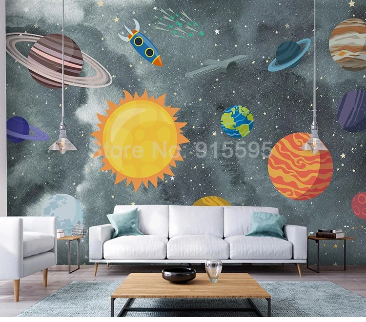 Пользовательские 3D Настенные обои мультфильм ручная роспись Вселенная планета ракета детская комната спальня Водонепроницаемый самоклеющиеся наклейки на стену