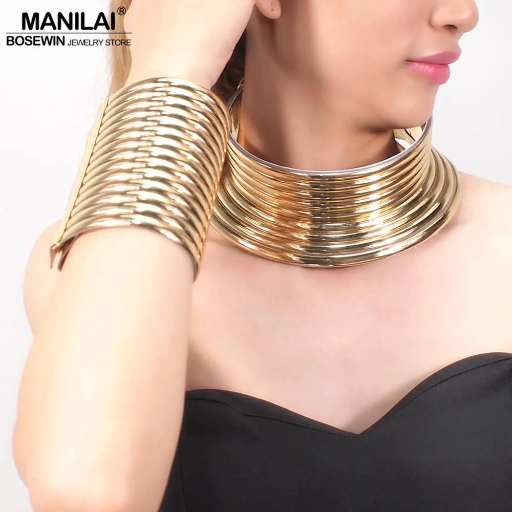 MANILAI Oversized Indian Jewelry Set Women Vintage Leather Necklaces Bracelets Set Bijoux Africain Statement Choker Gold Color