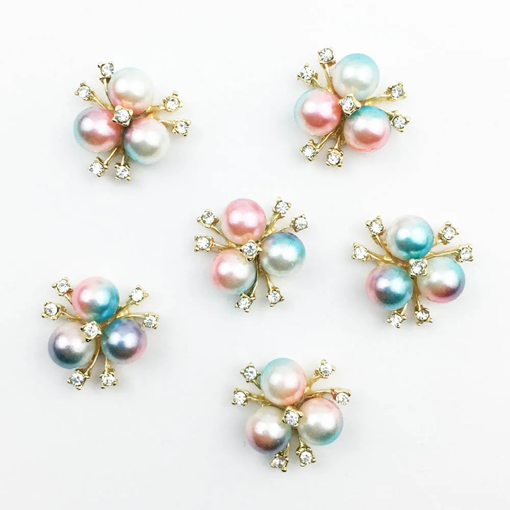 

10pcs/lot 20mm*20mm Colorful Pearl Rhinestone Buttons for Craft Wedding Invitation Card DIY Girl Hair Bowknot Metal Buttons