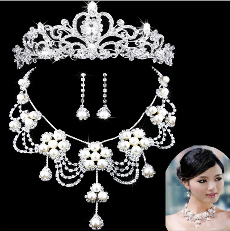 SHOSIXUAN Bride Diaries дизайн со стразами и жемчугом для невесты 3 шт. комплект Цепочки и ожерелья Серьги Тиара Свадебный комплект ювелирных изделий Аксессуары