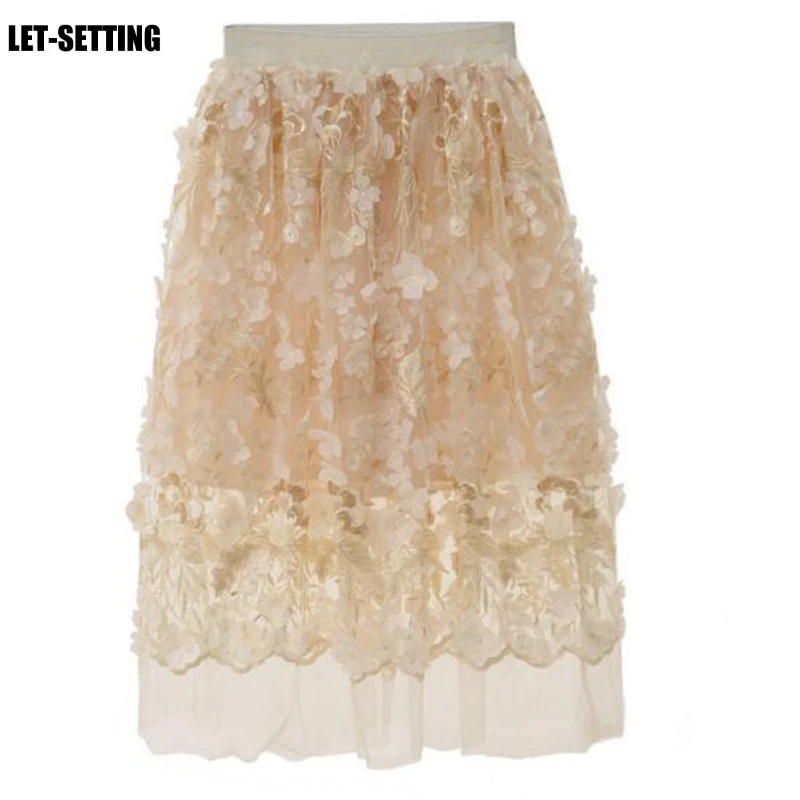 

LET-SETTING summer new embroidery three-dimensional flowers net yarn skirt