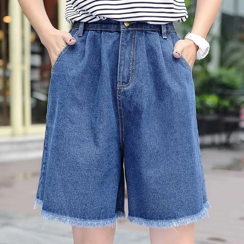 A-Line Elegant Denim Shorts Women Sexy Jeans Shorts Elastic High Waisted Wide Leg with Tassel Edge Cotton Plus Size Summer Wears