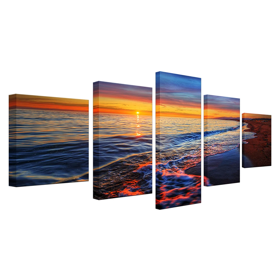 

Canvas Painting Wall Art Home Decor Framework 5 Pieces Amazing Sunset Beach Sea Wave Modern HD Printed Landscape Pictures Poster