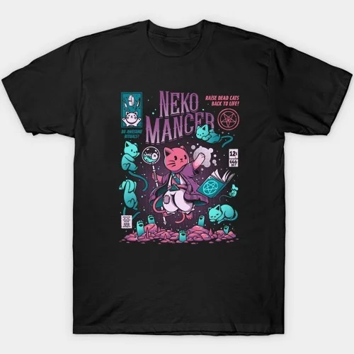 Kuakuayu HJN Neko Mancer футболка унисекс Милая Эстетическая гранж черная футболка сатантическая готическая одежда ведьма рубашка