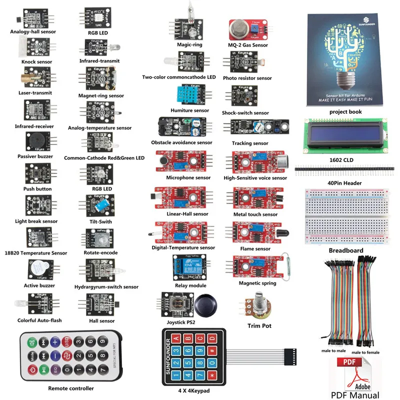 Комплект датчиков Sunfounder V1.0 для Arduino 37 модулей R3 Mega2560 Mega328 Nano (плата UNO в комплект не