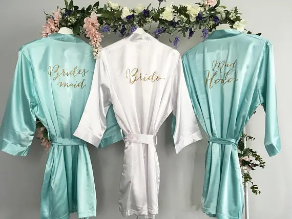 

personalize mint glitter wedding satin Bridesmaid bride pajamas robes maid of honor kimonos gowns bridal hen party favors gifts