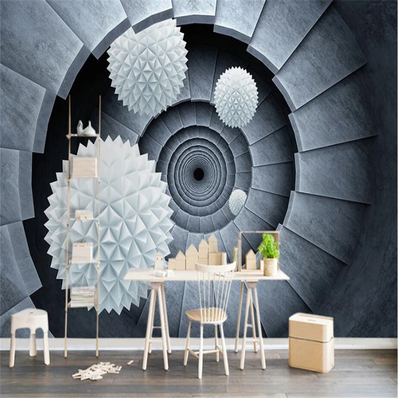 

beibehang Large Customized 3d Stereo Sphere Rotary Stairs Modern TV Living Room Bedroom Background Settlement Decoration