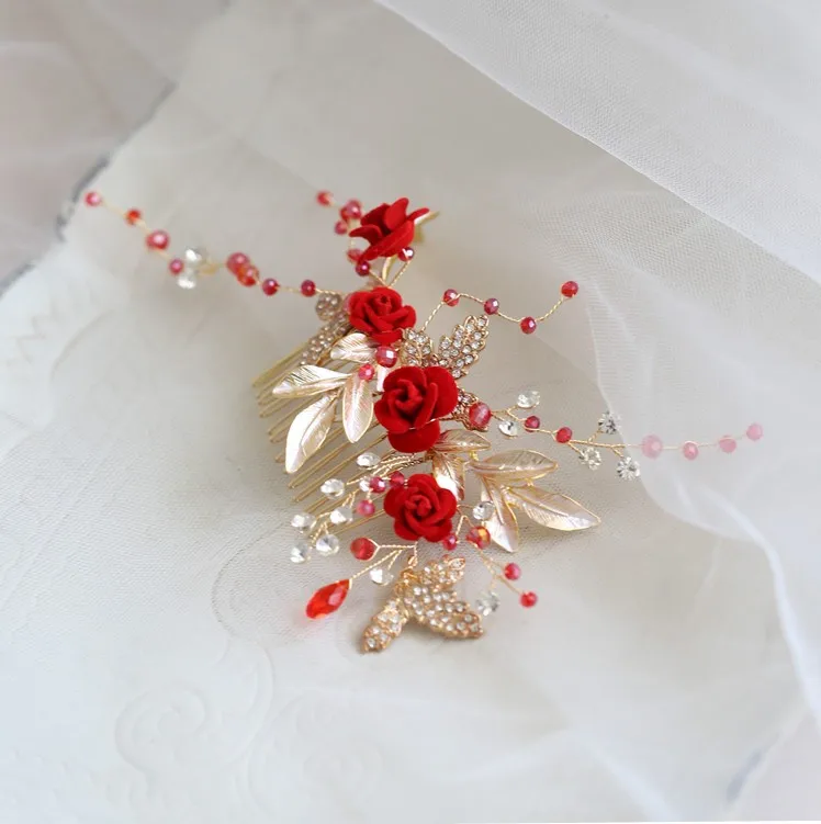 Jonnafe Pretty Red Rose Foral Hair Comb Bridal Pins Handmade Women Prom Jewelry Wedding Accessories Bridesmaid Headpiece | Украшения и
