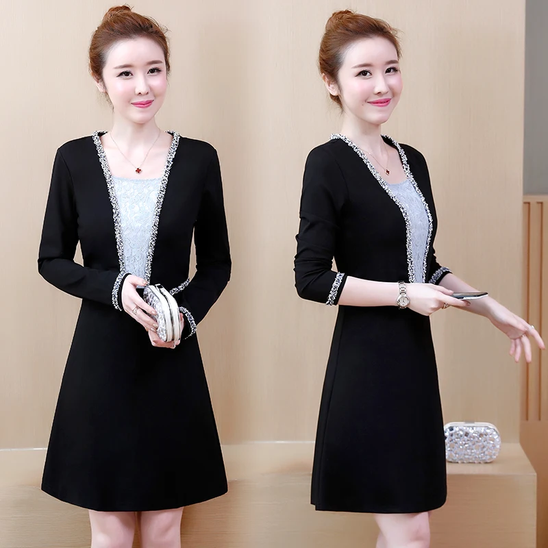 Black L-5XL размера плюс женское элегантное торжественное платье Весна Корейская мода длинный рукав пэтчворк кружева поддельные две части платья для девушек - Цвет: Black