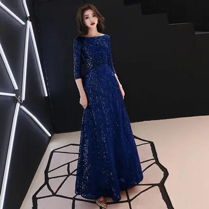 navy blue O Блестящее стильное кружевное сексуальное тонкое вечернее платье с рукавом семь четвертей вечернее платье женское платье в китайском стиле улучшенное Qipao - Цвет: navy blue O