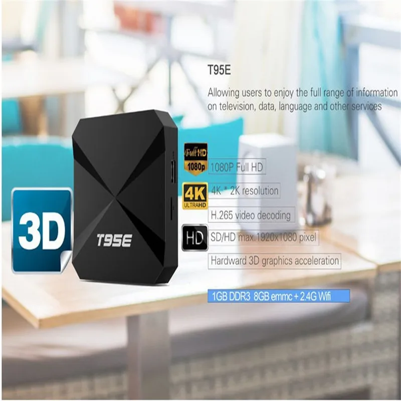 Android 5.1 Умные телевизоры коробка T95E RK3229 quad-core Cortex-A7 1 г/8 г 2.4 Wi-Fi kdplayer H.265 UHD 4 К TV Box