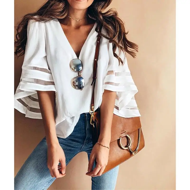2018 женские рубашки модные элегантные летние топы с расклешенными рукавами