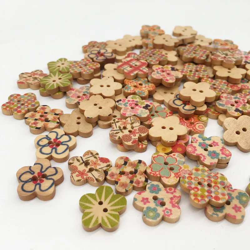 50 шт./пакет милые деревянные пуговицы в цветочном стиле смешанные дизайны