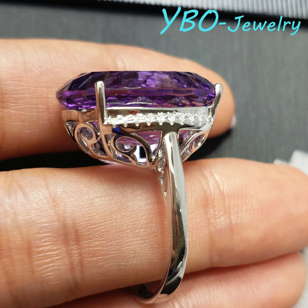 YBO- дизайн супер огромное кольцо натуральный аметист 28,5 ct ov 17*23 мм в 925 Серебряное кольцо с покрытием из белого золота 18 К роскошное кольцо