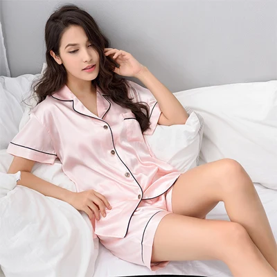 Light Pink Бренд thoshine, Летний стиль, женская китайская атласная Шелковая пижама, комплекты из футболки и шорт, Женская превосходная одежда для сна, ночной костюм - Цвет: Light Pink