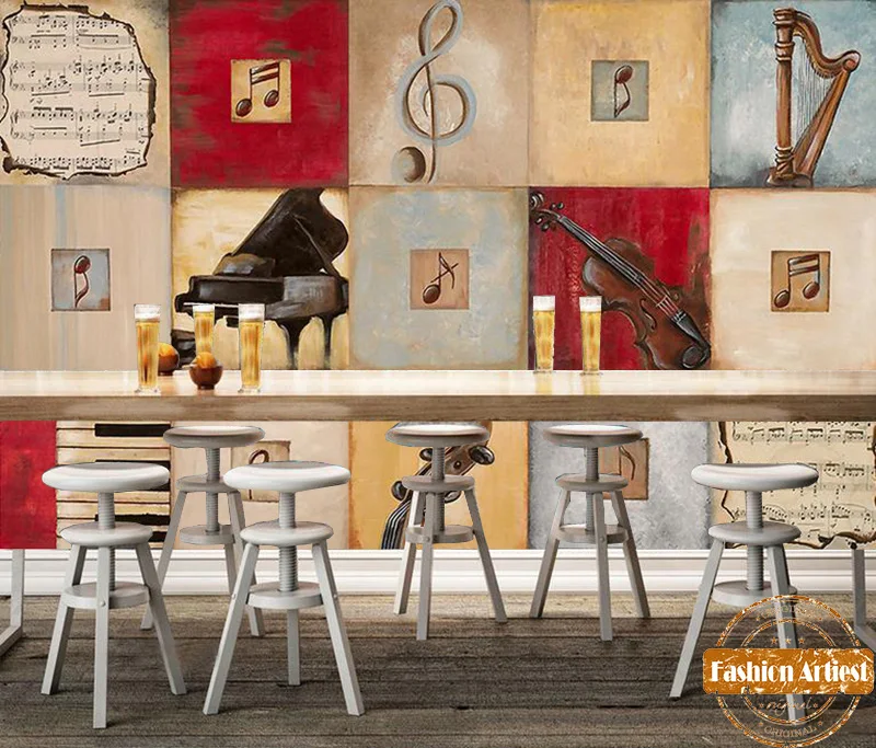 Настенные обои на заказ с изображением музыкальных нот и персонажей деревянная