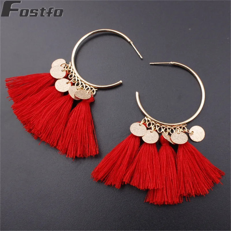 Fostfo Этническая Богемия кисточкой Висячие красные серьги для женщин длинные