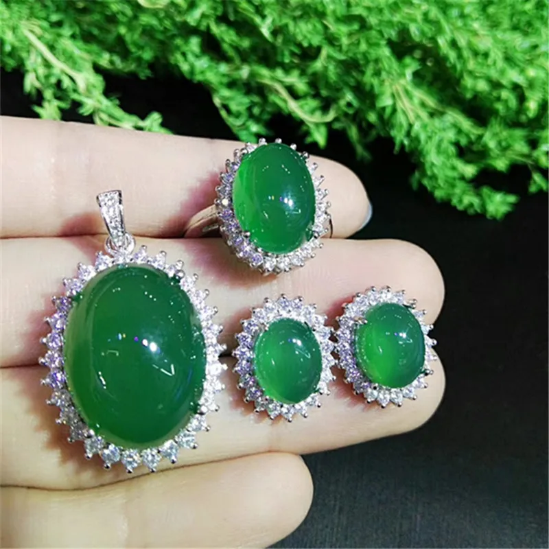 Серьги и кольцо из серебра 925 пробы с натуральным агатом нефритом|jewelry sets|set pieceset