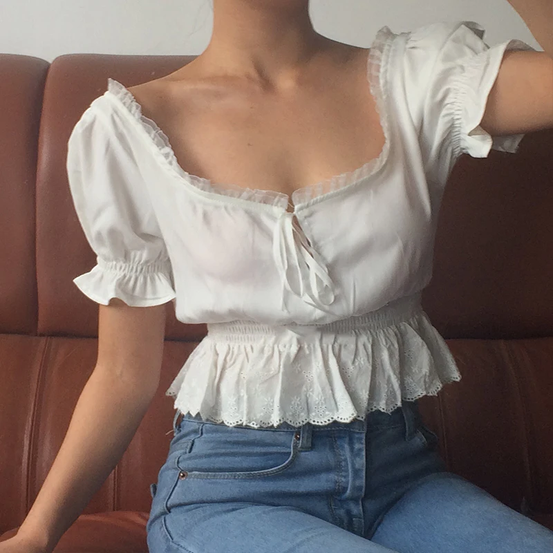 2019 Женская Формальная белая блузка укороченный топ с кружевным подолом буфами и