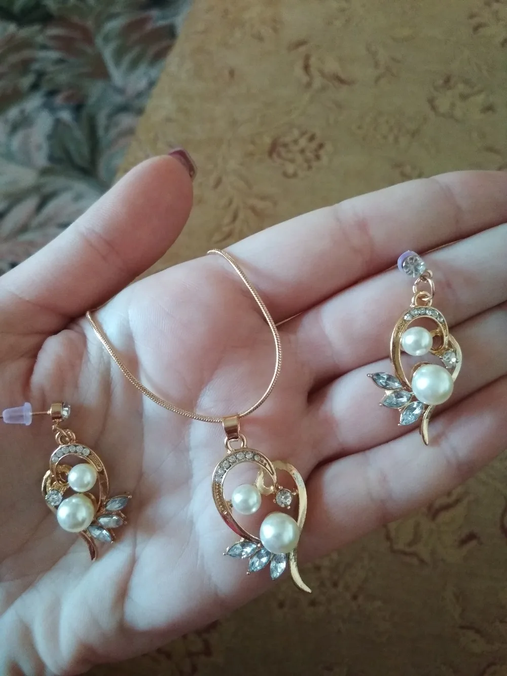 Fashion Simulated Pearl Jewelry Sets for Wedding Cute Flower Stud Earrings Crystal Wings Pendant Necklace Gold Color Chain | Украшения и