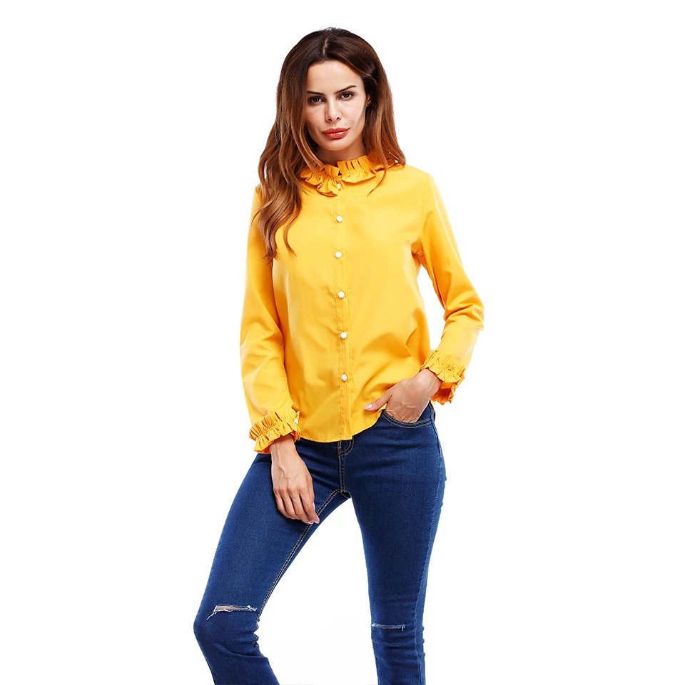 Fantabulous new High collar Pure color leisure Women shirt Wavy edge Landscape buttons Sweet blouse 2018 |