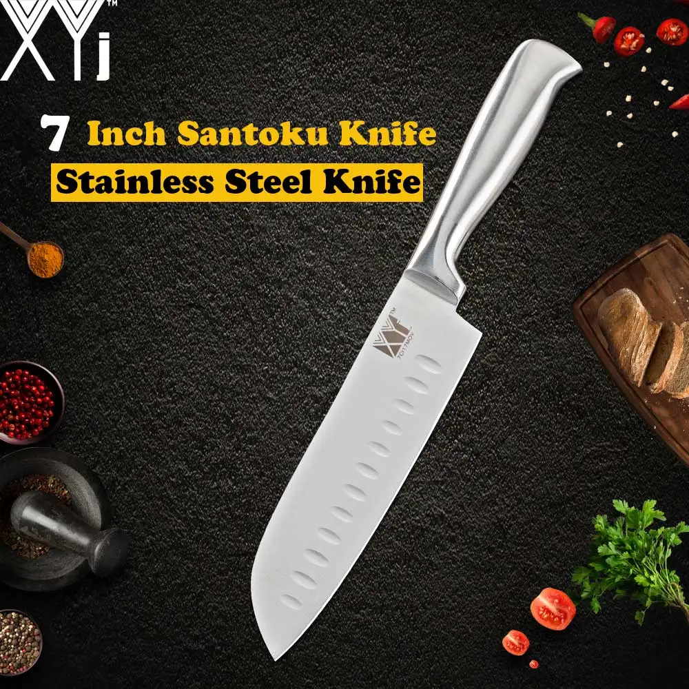 7 inch santoku XYj лучший набор кухонных ножей и подставка для ножей, точилка, кухонные комплекты ножей шеф-повара, набор кухонных ножей 3cr13, лезвие из нержавеющей стали, подарок - Цвет: 7 inch santoku