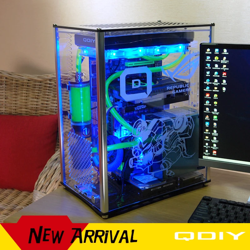 QDIY PC-A006S ATX прозрачный чехол для компьютера PC чехол с водяным охлаждением игровой плеер акриловый чехол для компьютера