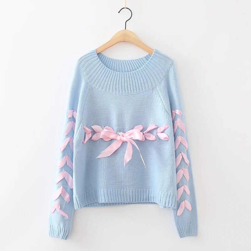 Fresh Style Fashion Lady Knitwear Women Casual Tops Sweater Autumn Knitted Plus Size Split Female Pullover with Lacing | Женская одежда