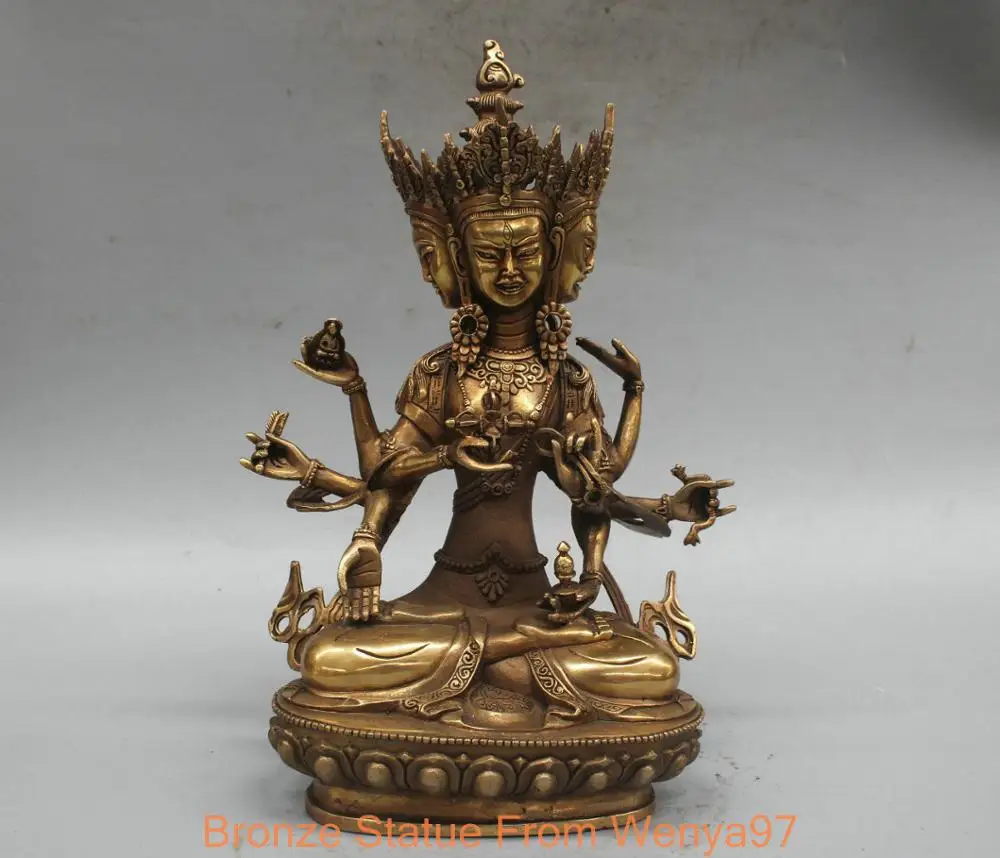 12 дюймов Китай Тибет Maha Cundi Будда мать 3 головы 8 рук бронзовая статуя | Дом и сад