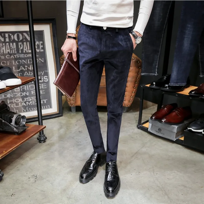 Хаки вельвет Повседневное брюки Для мужчин хорошее Stretch Slim Fit Для мужчин брюки осень-зима Мода однотонный костюм брюки мужской продажи