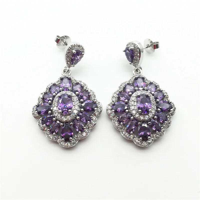 Женские винтажные серьги-подвески фиолетового цвета с желтым кристаллом и