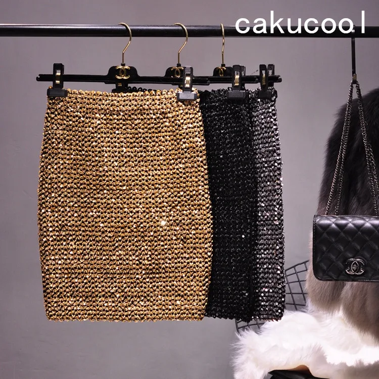 Cakucool Новый Блестящий Золотой Люрекс Bodycon юбка карандаш стретч с завышенной