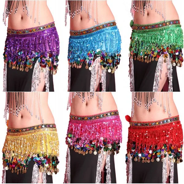 

Multi Color Women Chiffon Belly Dance Hip Scarf Coin Sequin Belt Skirt Tassel Hip Wrap
