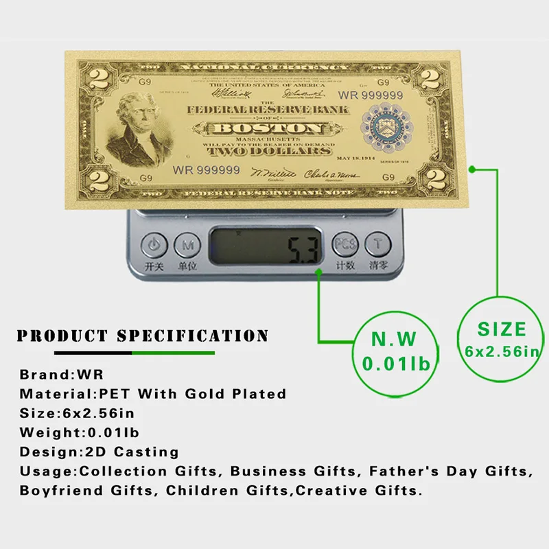 WR 2 доллара 24k Коллекционная Золотая банкнота США Красочные чистые золотые
