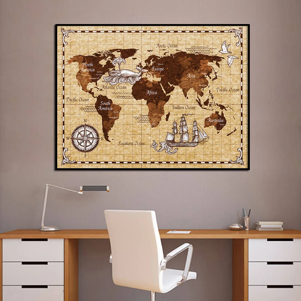 Большая винтажная карта мира офисные принадлежности настенная Картина на холсте