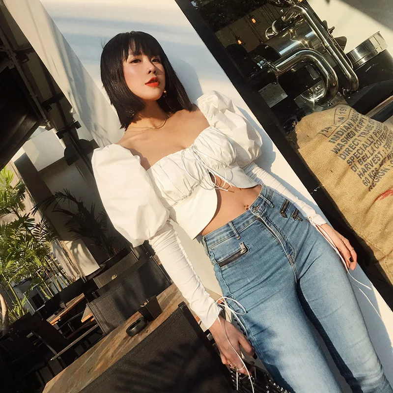Женская винтажная блузка WHITNEY WANG укороченный топ на шнуровке с буффами рукавах