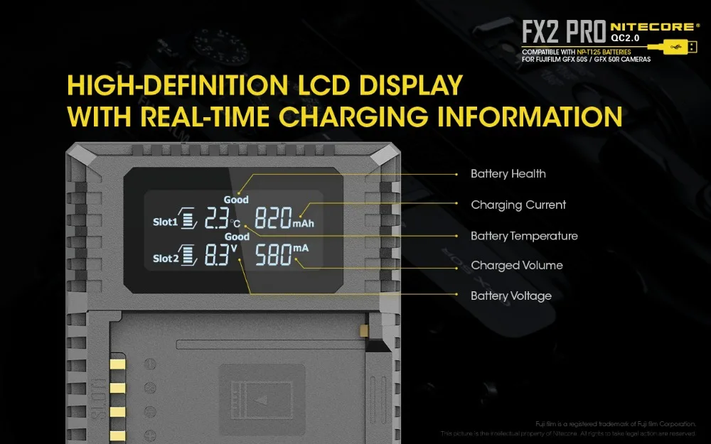 Nitecore FX2 PRO Двойной слот USB устройство быстрой зарядки для ЖК-дисплея с подсветкой Fujifilm GFX50S/50R compatiple с NP-T125 Камера батареи