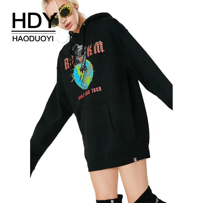 HDY Haoduoyi Women Black Sweatshirts Long Sleeve Animals Letters Printed Back Pocket Front Female Loose Cotton Hoodies | Женская одежда