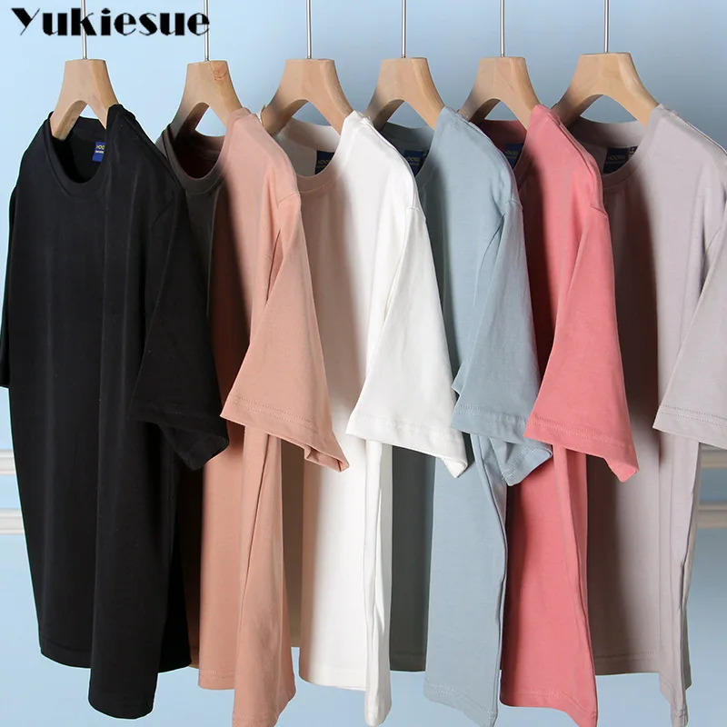 Женская хлопковая Футболка оверсайз Повседневная Однотонная футболка с