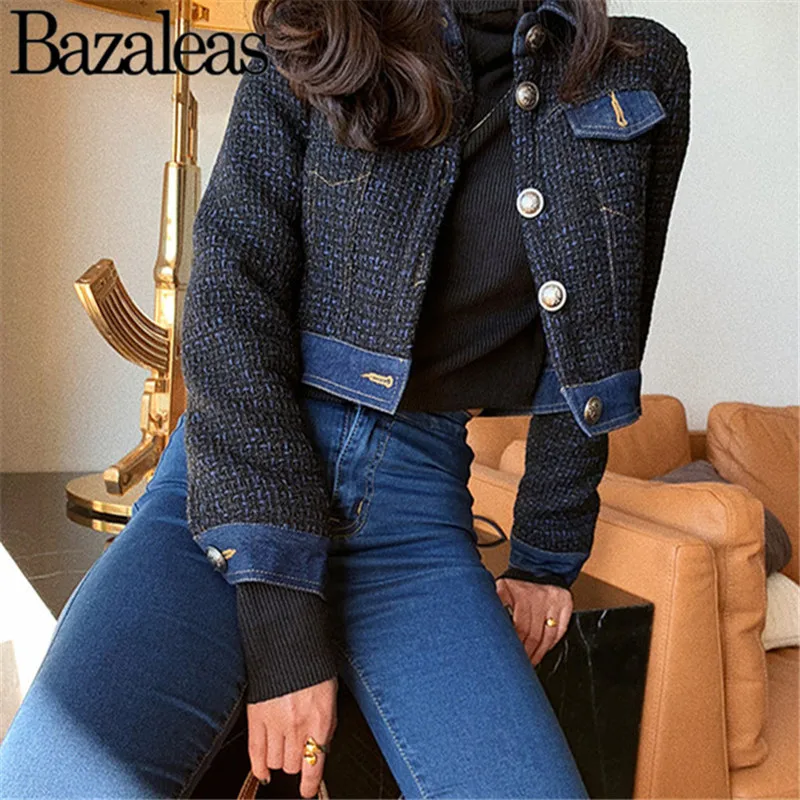 Женская укороченная куртка Bazaleas модная стрейчевая в стиле Харадзюку с карманами