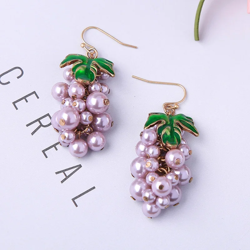 KISS ME Purple Grey Imitation Pearl Green Enamel Leaf Grape Drop Earrings Trending Style Women Dangling Earring Brand Jewelry | Украшения и