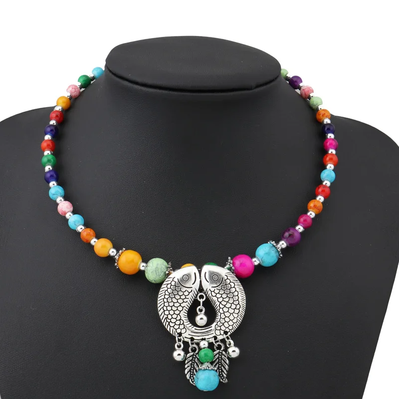 Btuamb Bohemian Natural Stone Beads Leaves Tassel Necklaces for Women Jewelry Vintage Double Fish Bib Bar Chain Bijoux | Украшения и