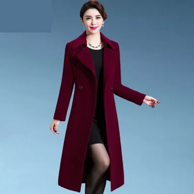 Wine red Повседневное женское Шерстяное Пальто размера плюс 4XL, Осень-зима, однобортное Женское шерстяное пальто с широкой талией и отложным воротником - Цвет: Wine red