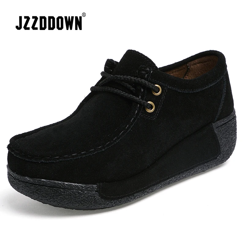 JZZDDOWN/Женская обувь; натуральная кожа; замша; зимняя обувь на платформе; женские кроссовки с мехом; повседневные лоферы; женская обувь на танкетке - Цвет: Black